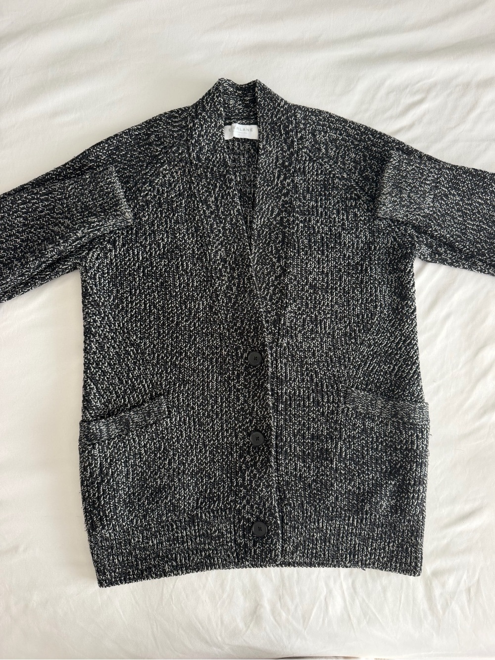 Everlane 100% Wool Black White Marled V-Neck Button Front Knit Cardigan Sweater